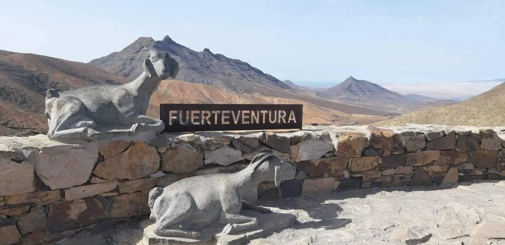 Napis Fuerteventura i rzeźby kóz przy punkcie widokowym Sicasumbre