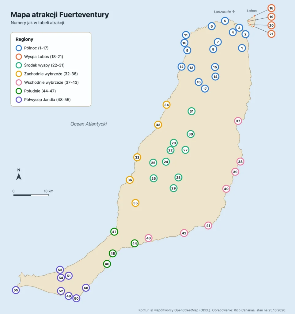 Mapa atrakcji Fuerteventury z numerami miejsc z tabeli
